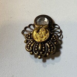 Vintage Gold Tone Brooch with Rhinestone Center & US Seal Button